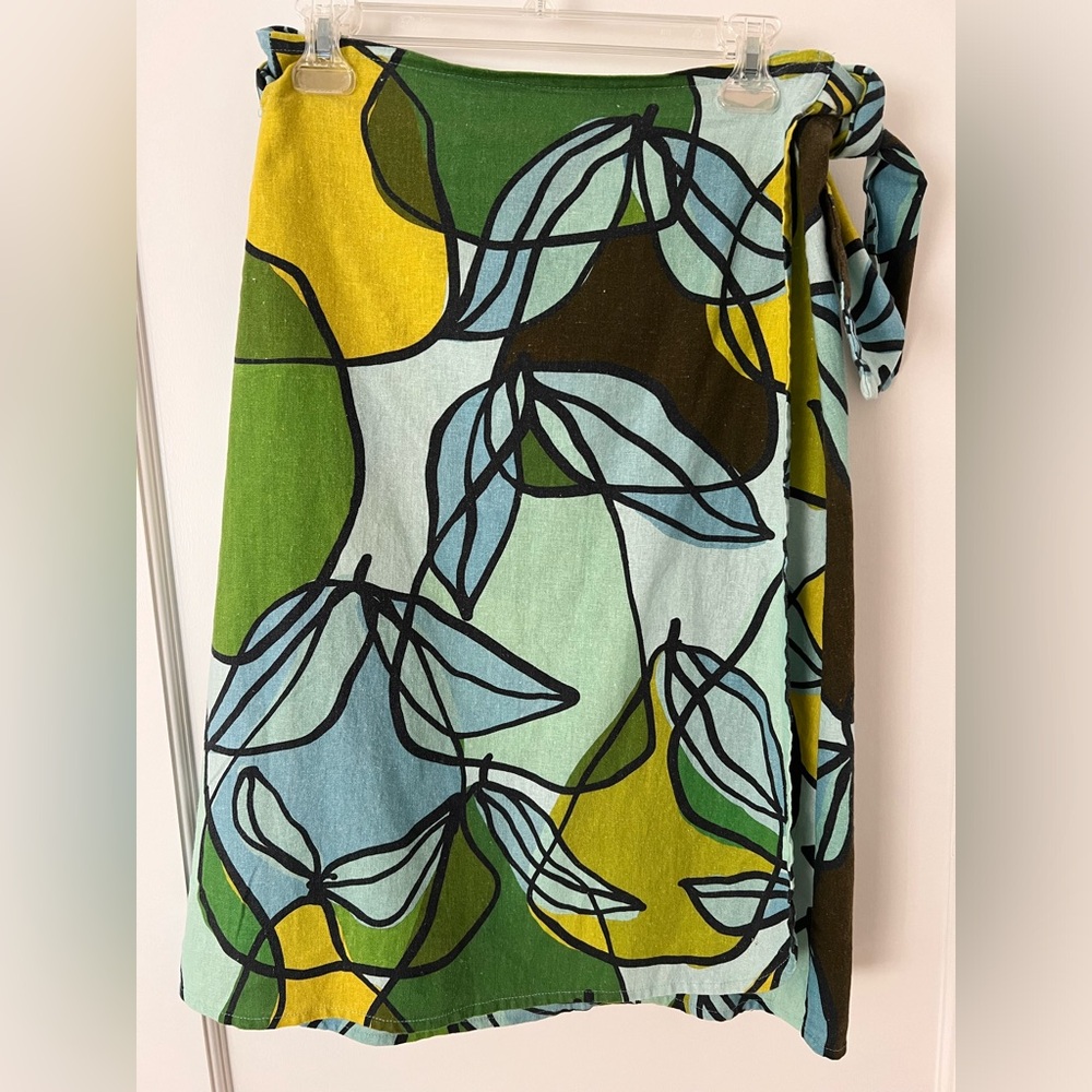 Lesley Evers Pear Pattern linen wrap skirt with inside pocket